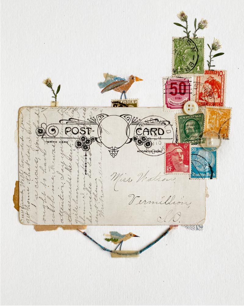 Handmade Analog Collage Art featuring a beautiful old postcard overdressed with vintage stamps by Amy Gorrek. Made with vintage papers and pressed greenery