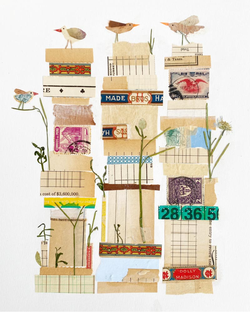 Handmade Analog Collage Art featuring vertical stacks with birds and plants by Amy Gorrek. Made with vintage papers and pressed greenery