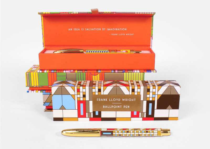 Packaging Design for Galison & Frank Lloyd Wright. Two boxed pen sets with gilded details and quotes on inside covers