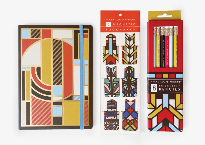 Frank Lloyd Wright Gilded Journal Design, Magnetic Bookmarks, and Pencil Set