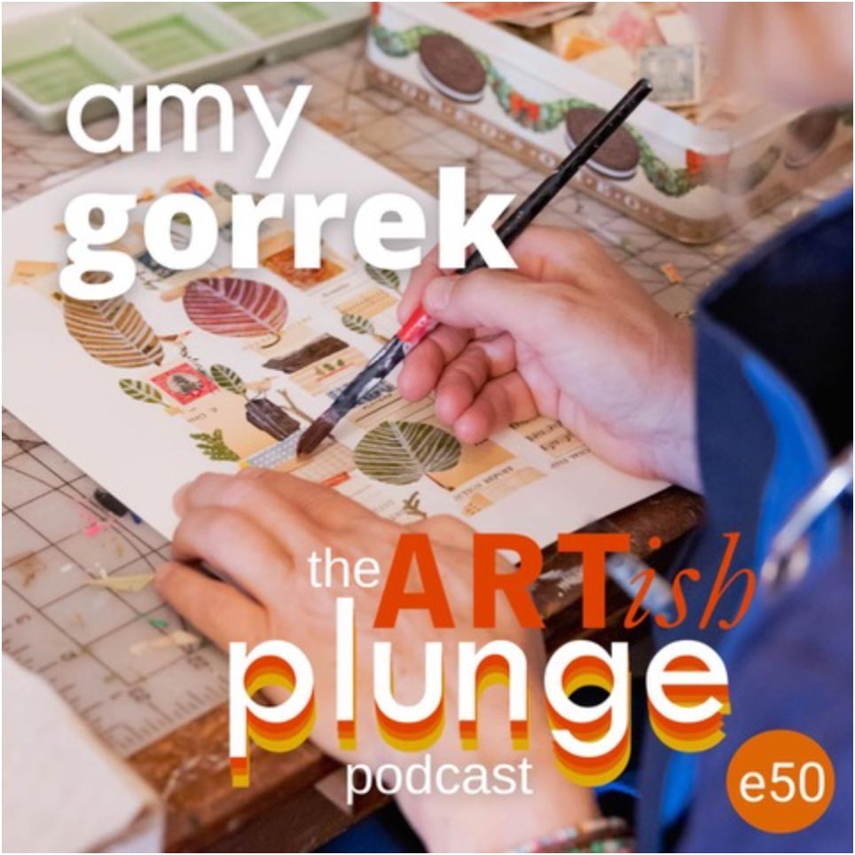 The Artish Plunge Podcast Cover showing guest, Amy Gorrek working on a collage